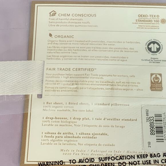 Pottery Barn Teen CLASSIC ORGANIC SHEET SET XL Twin Light Purple NWT Dorm - Picture 5 of 5